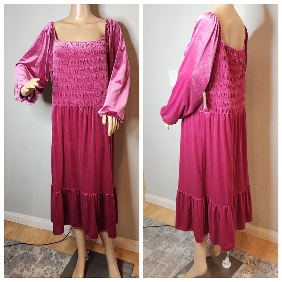 NWT Lauren Conrad Velvet Smocked Bodice Midi Dress Wine Pink Red XXL - Picture 3 of 13